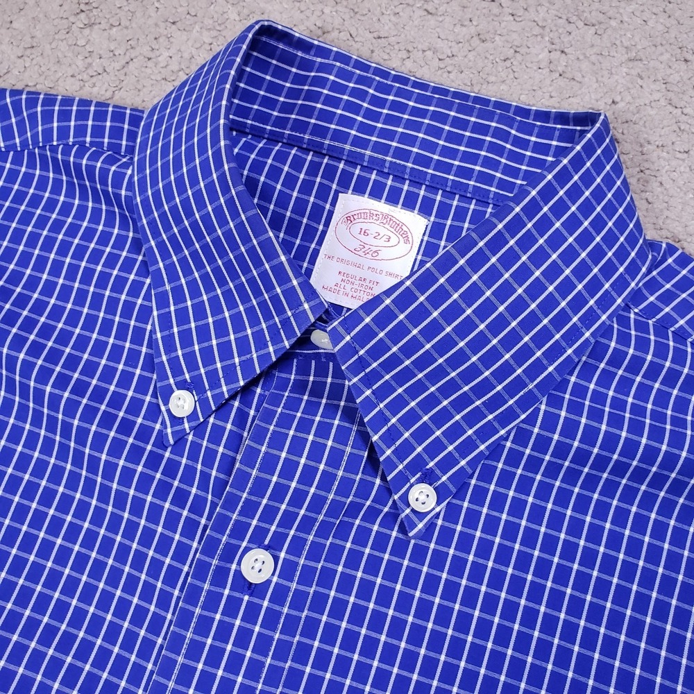 Brooks Brothers Shirt Men 16-2/3 (Large) Blue White Grid Check Reg Fit Button Up